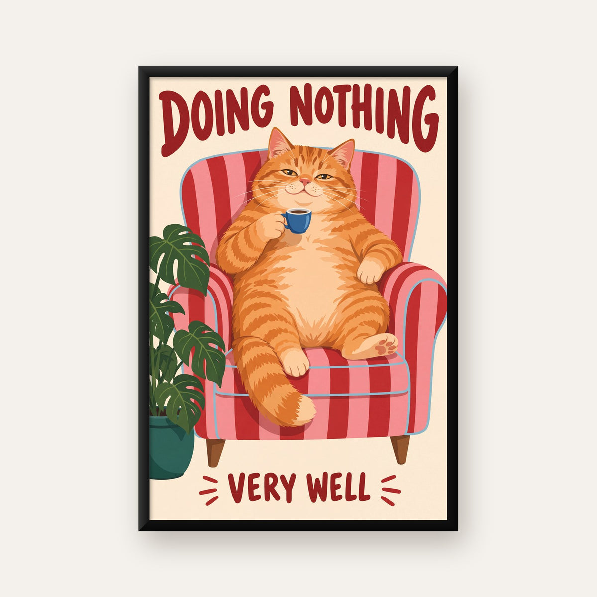 Tembel Kedi Poster – Keyifli Koltukta Sevimli İllüstrasyon — Dikey baskı, düz siyah çerçeveli duvar posteri
