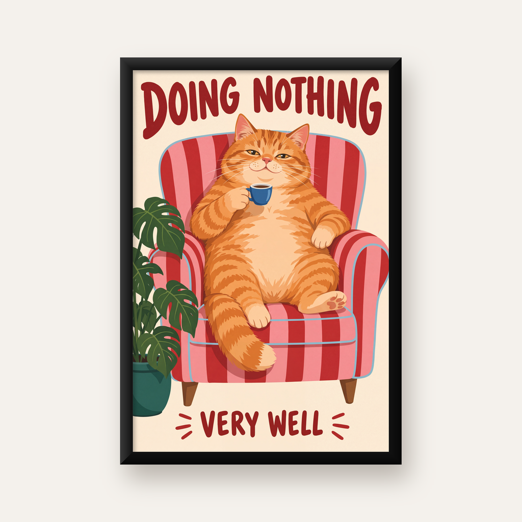 Tembel Kedi Poster – Keyifli Koltukta Sevimli İllüstrasyon — Dikey baskı, düz siyah çerçeveli duvar posteri