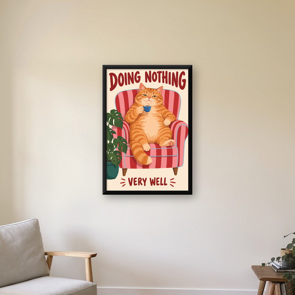 Tembel Kedi Poster – Keyifli Koltukta Sevimli İllüstrasyon — Dikey baskı, çerçeveli hâliyle bir ev duvarında