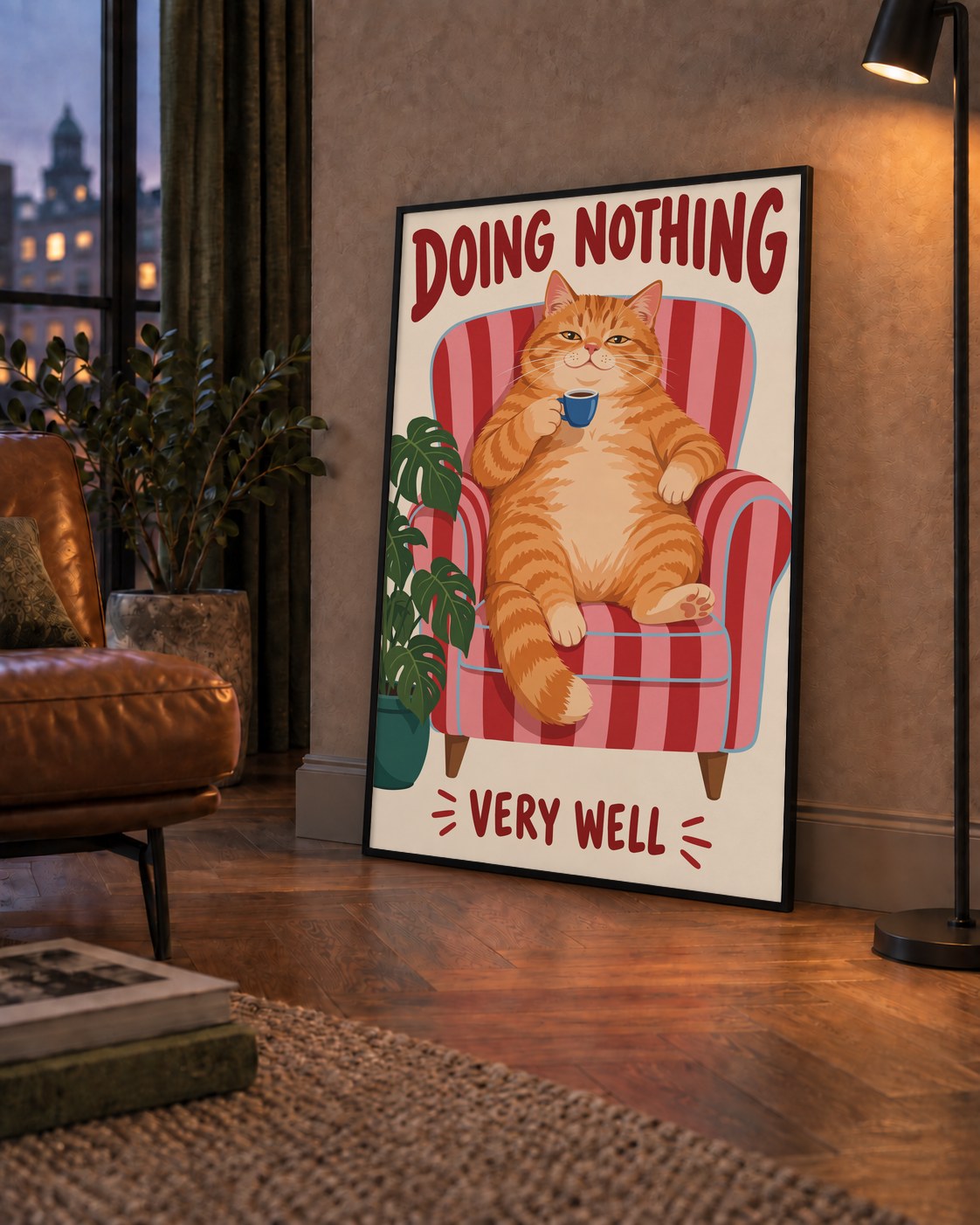 Tembel Kedi Poster – Keyifli Koltukta Sevimli İllüstrasyon — çerçeveli hâliyle bir ev duvarında
