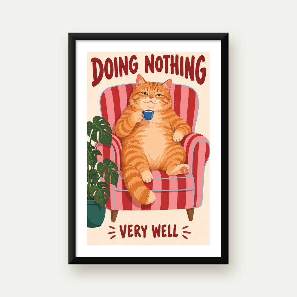 Tembel Kedi Poster – Keyifli Koltukta Sevimli İllüstrasyon — Dikey baskı, beyaz paspartulu