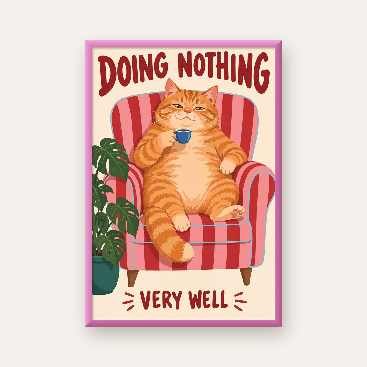 Tembel Kedi Poster – Keyifli Koltukta Sevimli İllüstrasyon — pembe çerçeveli