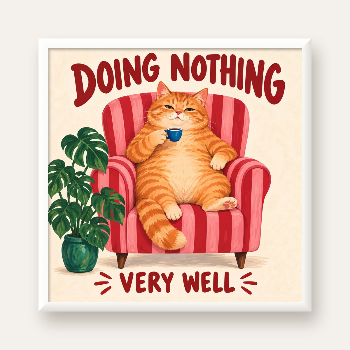 Tembel Kedi Poster – Keyifli Koltukta Sevimli İllüstrasyon — beyaz çerçeveli kare poster