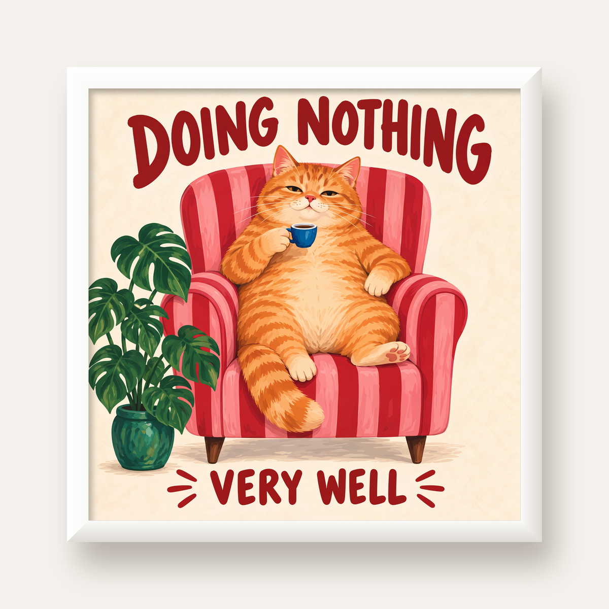 Tembel Kedi Poster – Keyifli Koltukta Sevimli İllüstrasyon — beyaz çerçeveli kare poster