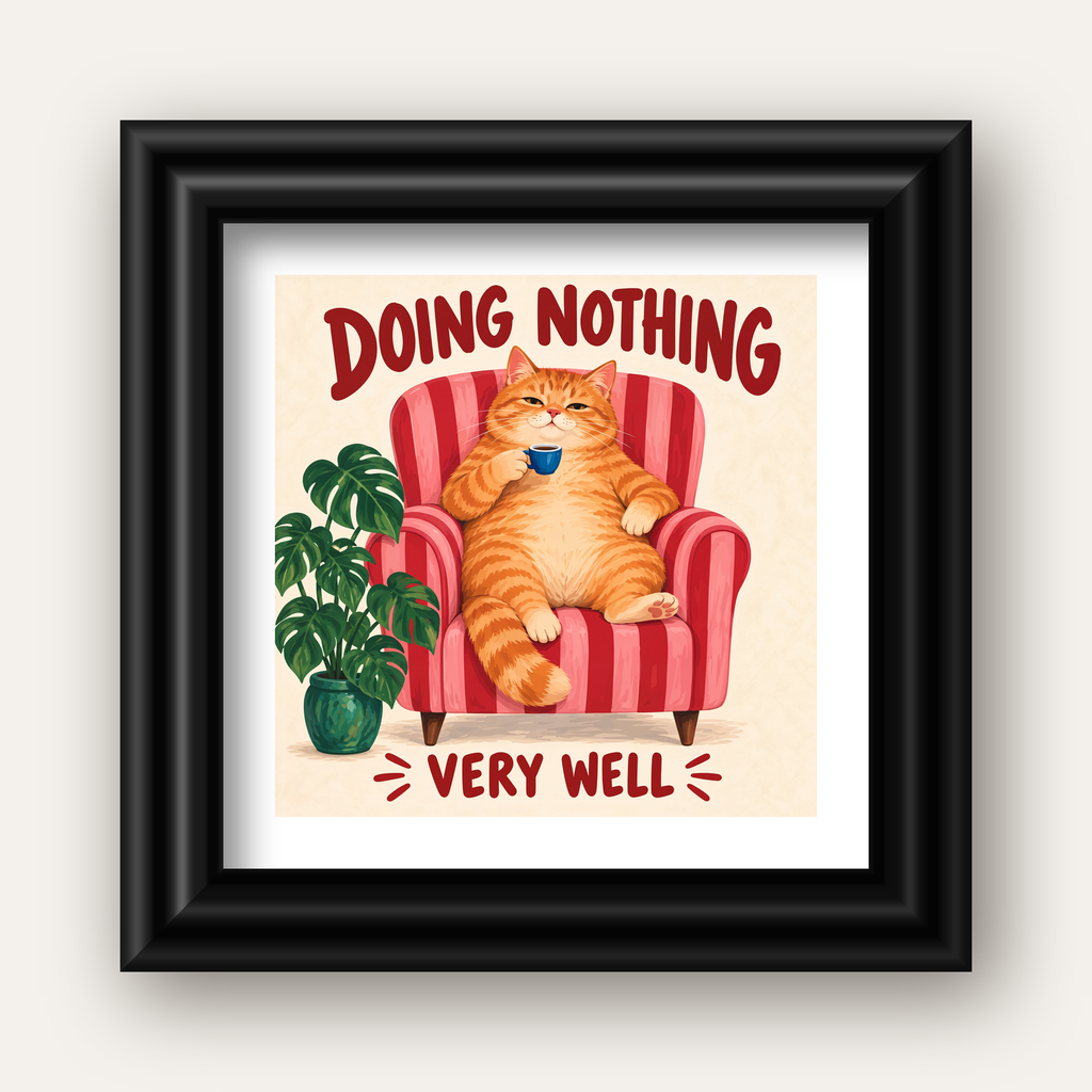 Tembel Kedi Poster – Keyifli Koltukta Sevimli İllüstrasyon — siyah galeri çerçeveli paspartulu