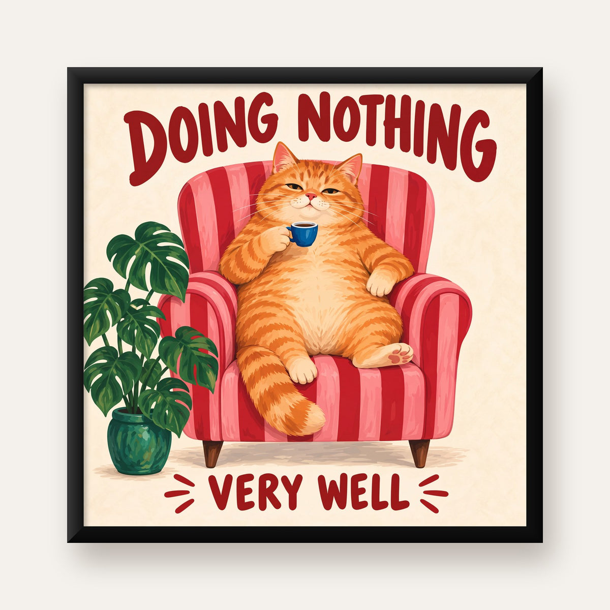 Tembel Kedi Poster – Keyifli Koltukta Sevimli İllüstrasyon — Kare baskı, düz siyah çerçeveli duvar posteri