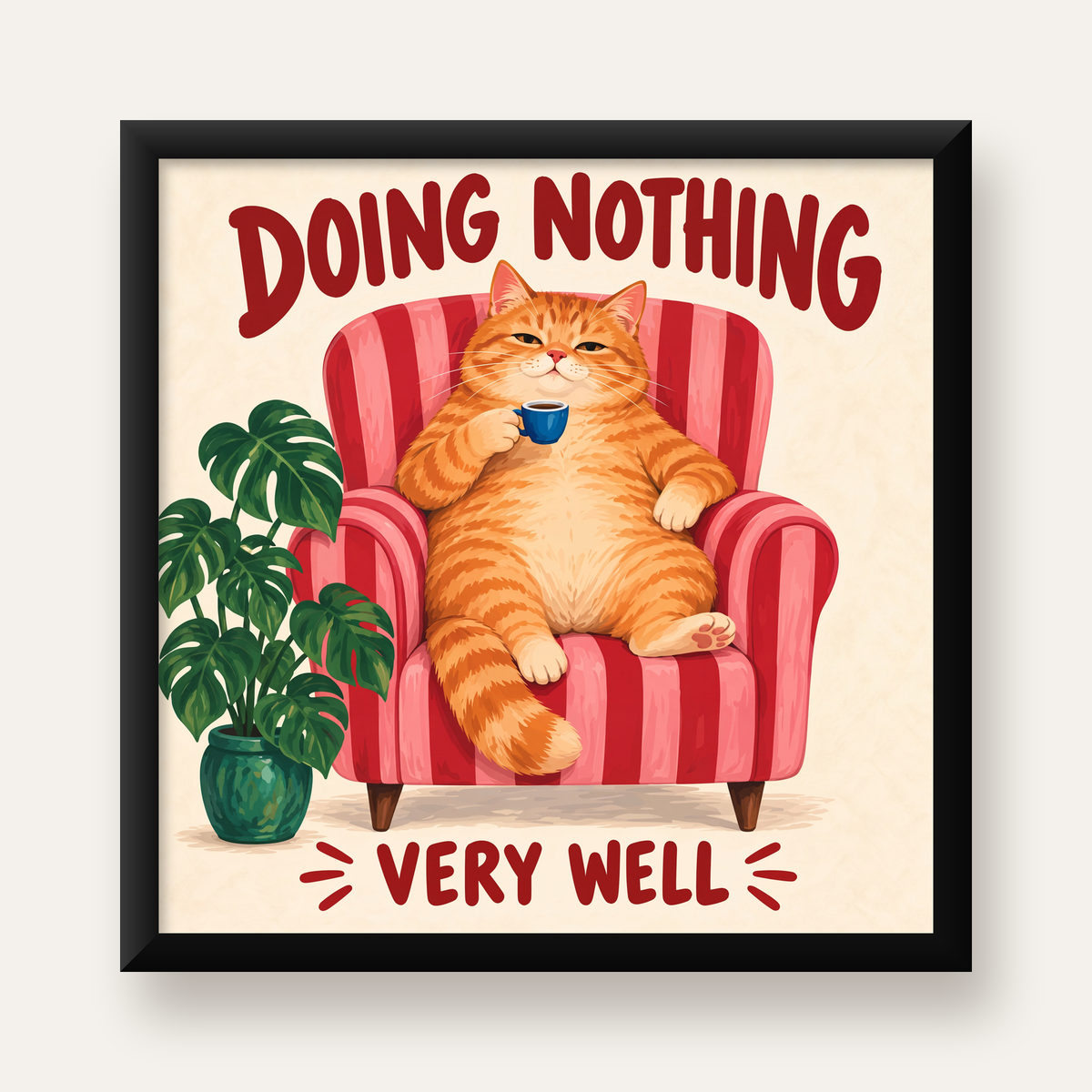 Tembel Kedi Poster – Keyifli Koltukta Sevimli İllüstrasyon — Kare baskı, düz siyah çerçeveli duvar posteri
