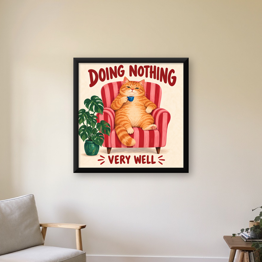 Tembel Kedi Poster – Keyifli Koltukta Sevimli İllüstrasyon — Kare baskı, çerçeveli hâliyle bir ev duvarında