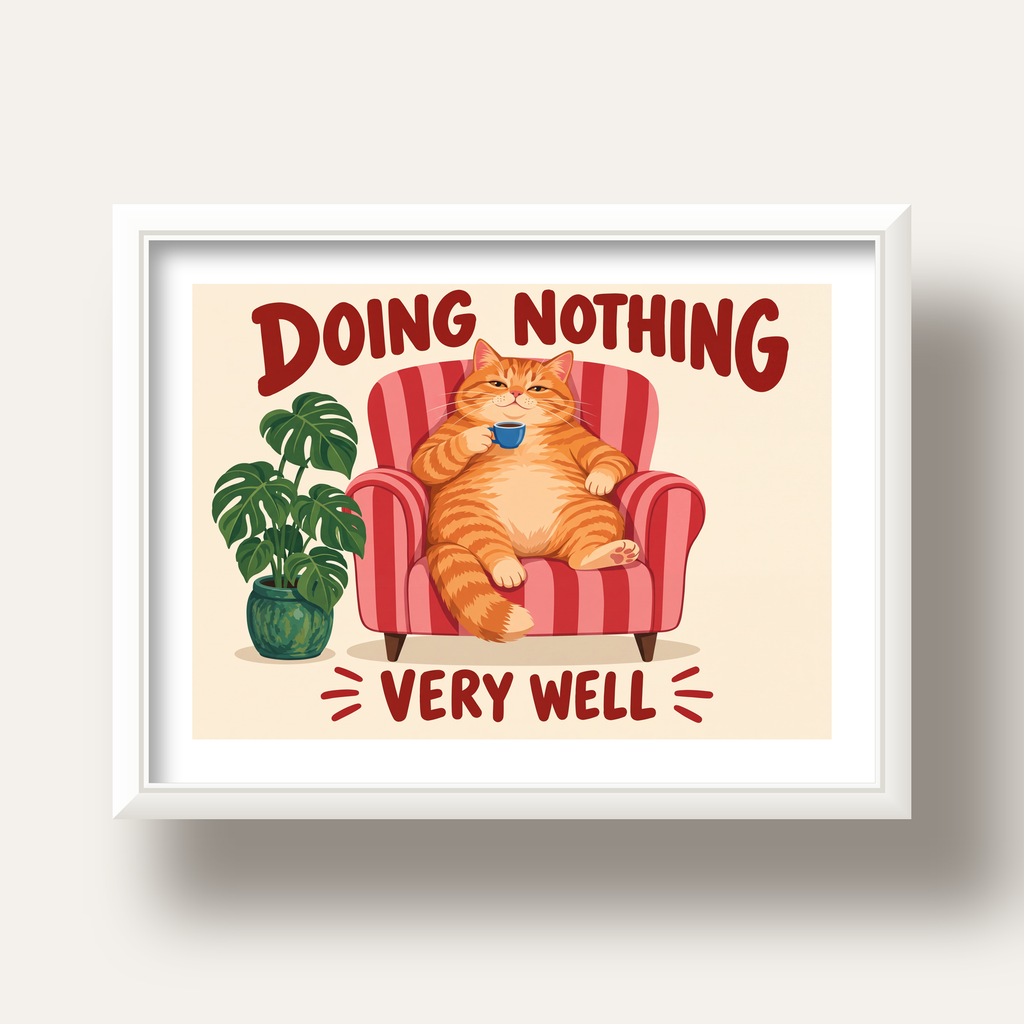 Tembel Kedi Poster – Keyifli Koltukta Sevimli İllüstrasyon — beyaz derin çerçeveli paspartulu