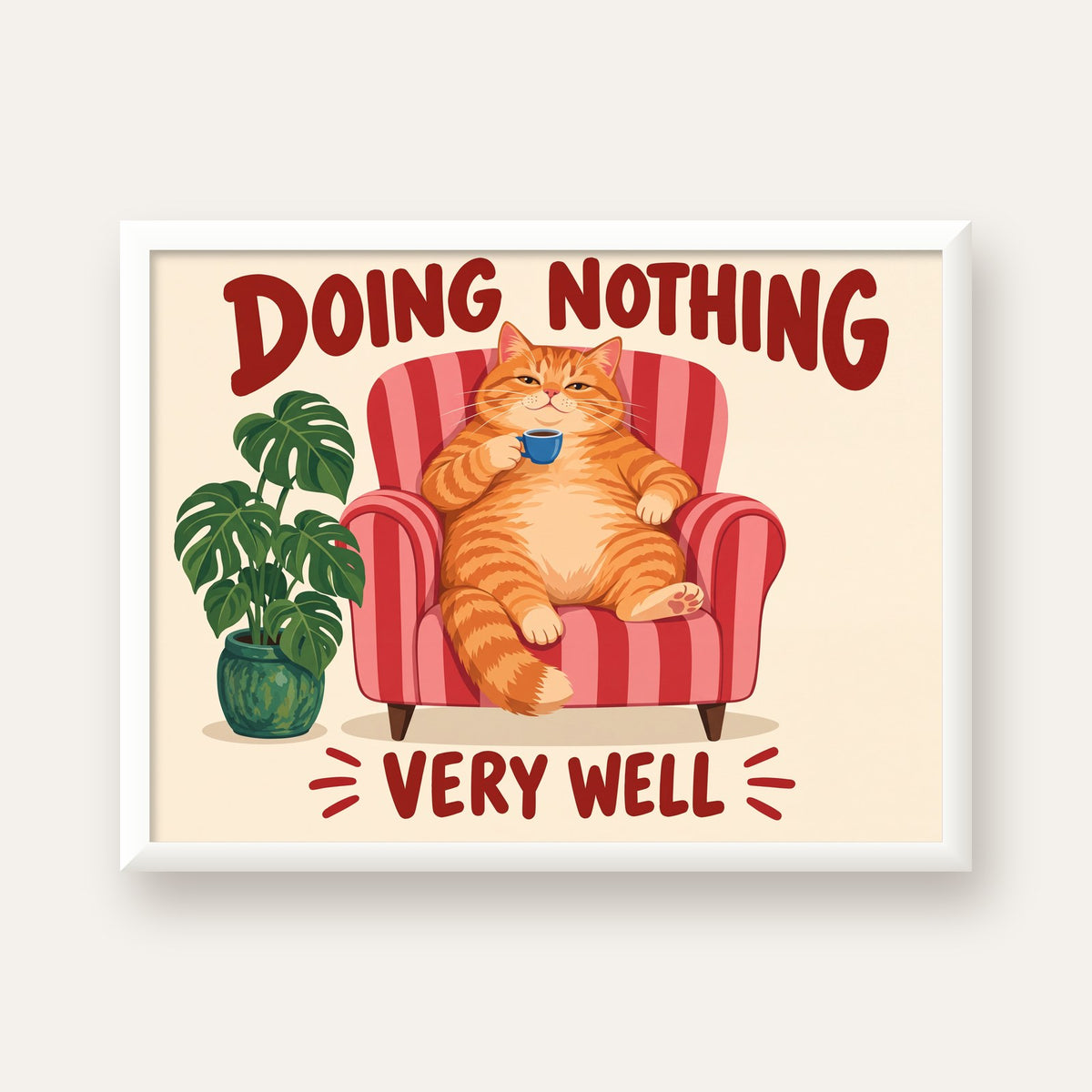 Tembel Kedi Poster – Keyifli Koltukta Sevimli İllüstrasyon — beyaz çerçeveli yatay poster