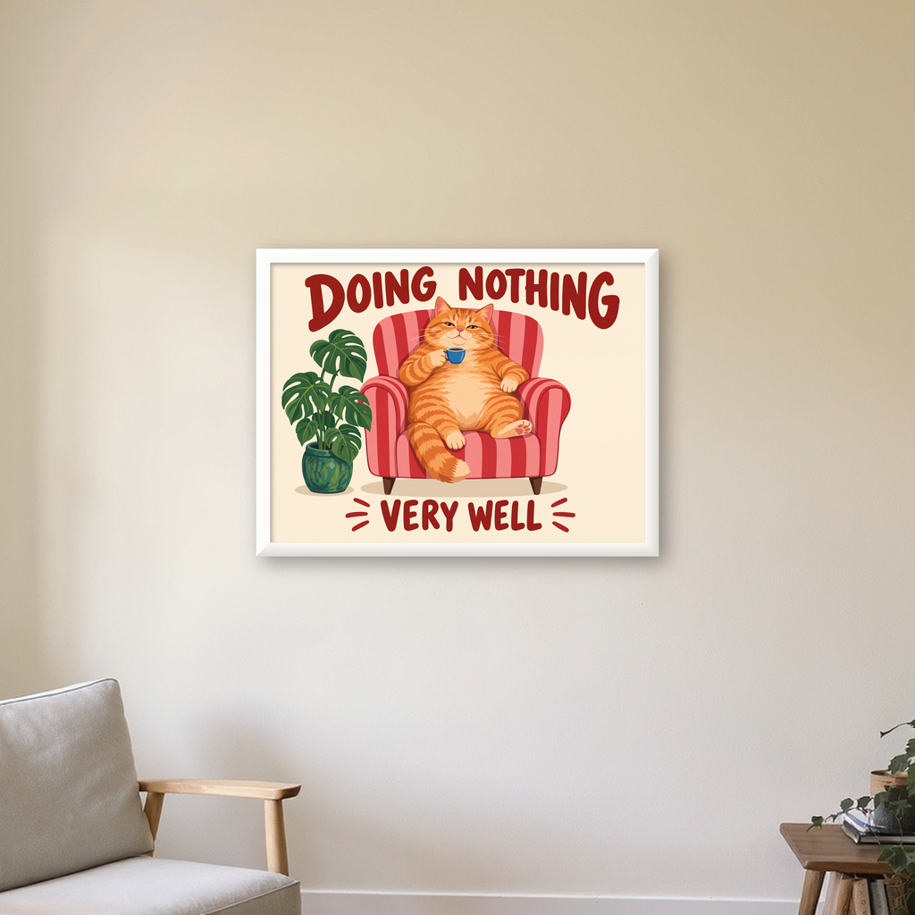 Tembel Kedi Poster – Keyifli Koltukta Sevimli İllüstrasyon — beyaz çerçeveli yatay poster
