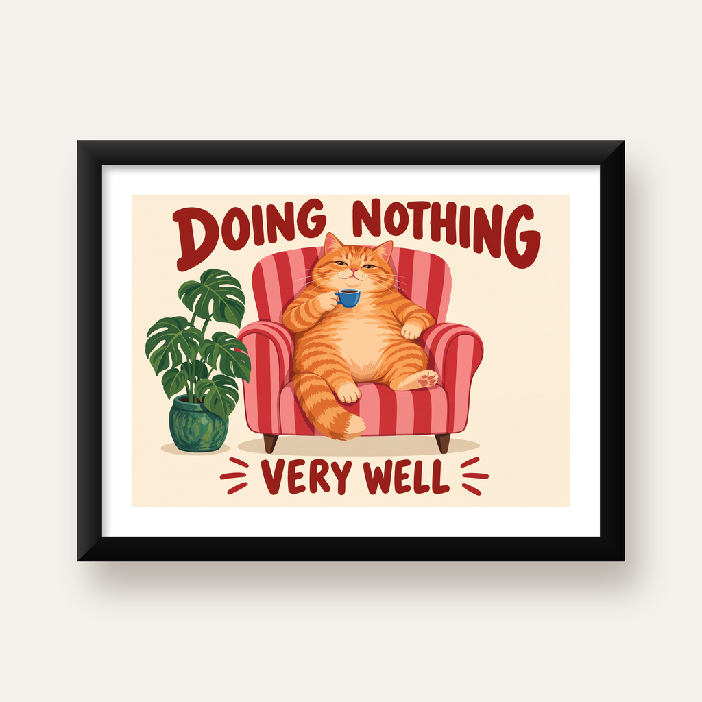 Tembel Kedi Poster – Keyifli Koltukta Sevimli İllüstrasyon — Yatay baskı, beyaz paspartulu