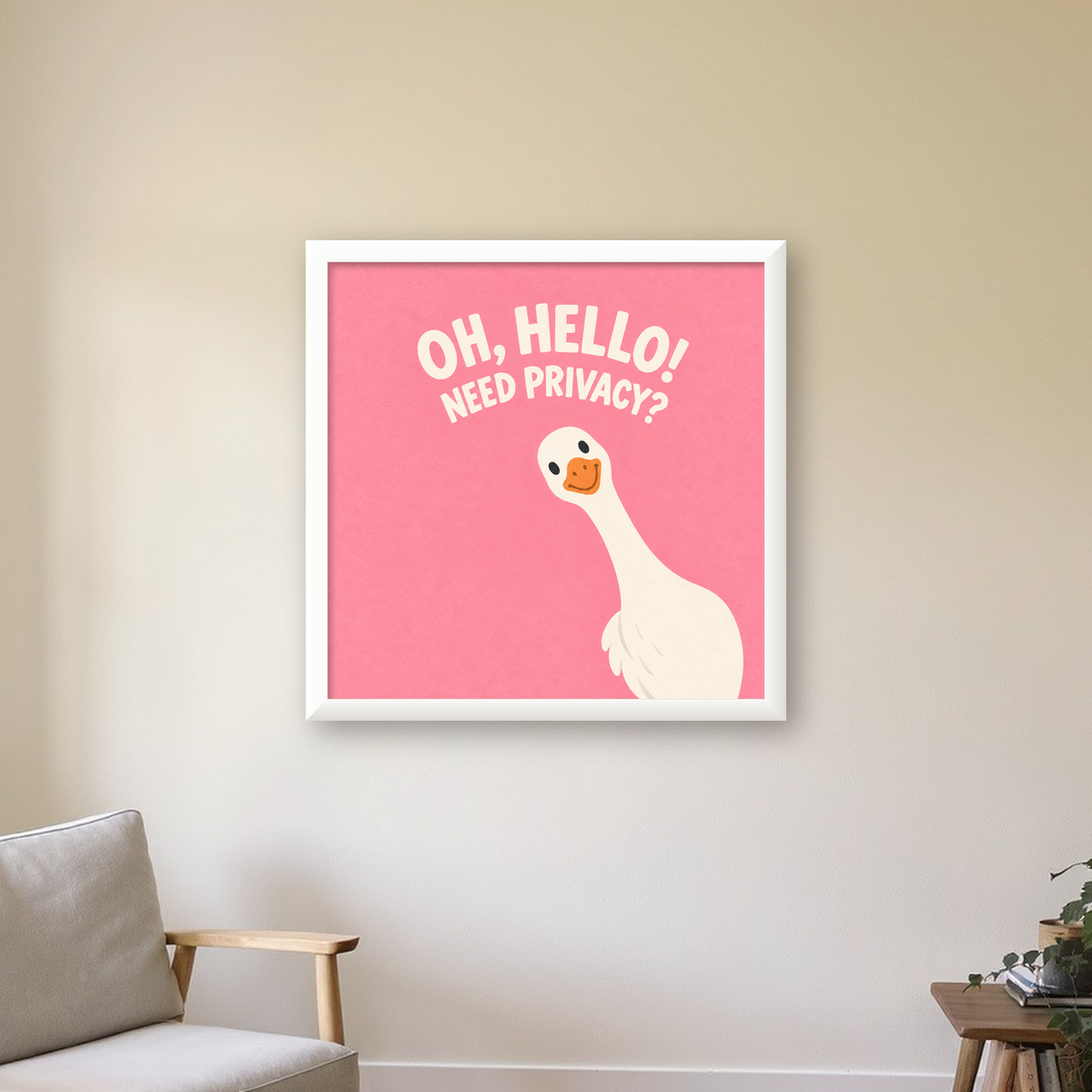 Komik Kaz İllüstrasyonlu Poster – Pembe Fon, Eğlenceli Tasarım — beyaz çerçeveli kare poster
