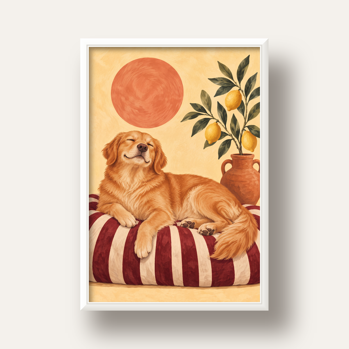 Mutlu Köpek & Limon Ağacı Poster – Dijital İllüstrasyon Baskı — beyaz derin çerçeveli