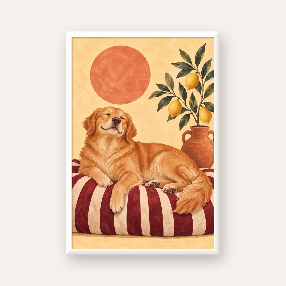 Mutlu Köpek & Limon Ağacı Poster – Dijital İllüstrasyon Baskı — beyaz çerçeveli dikey poster