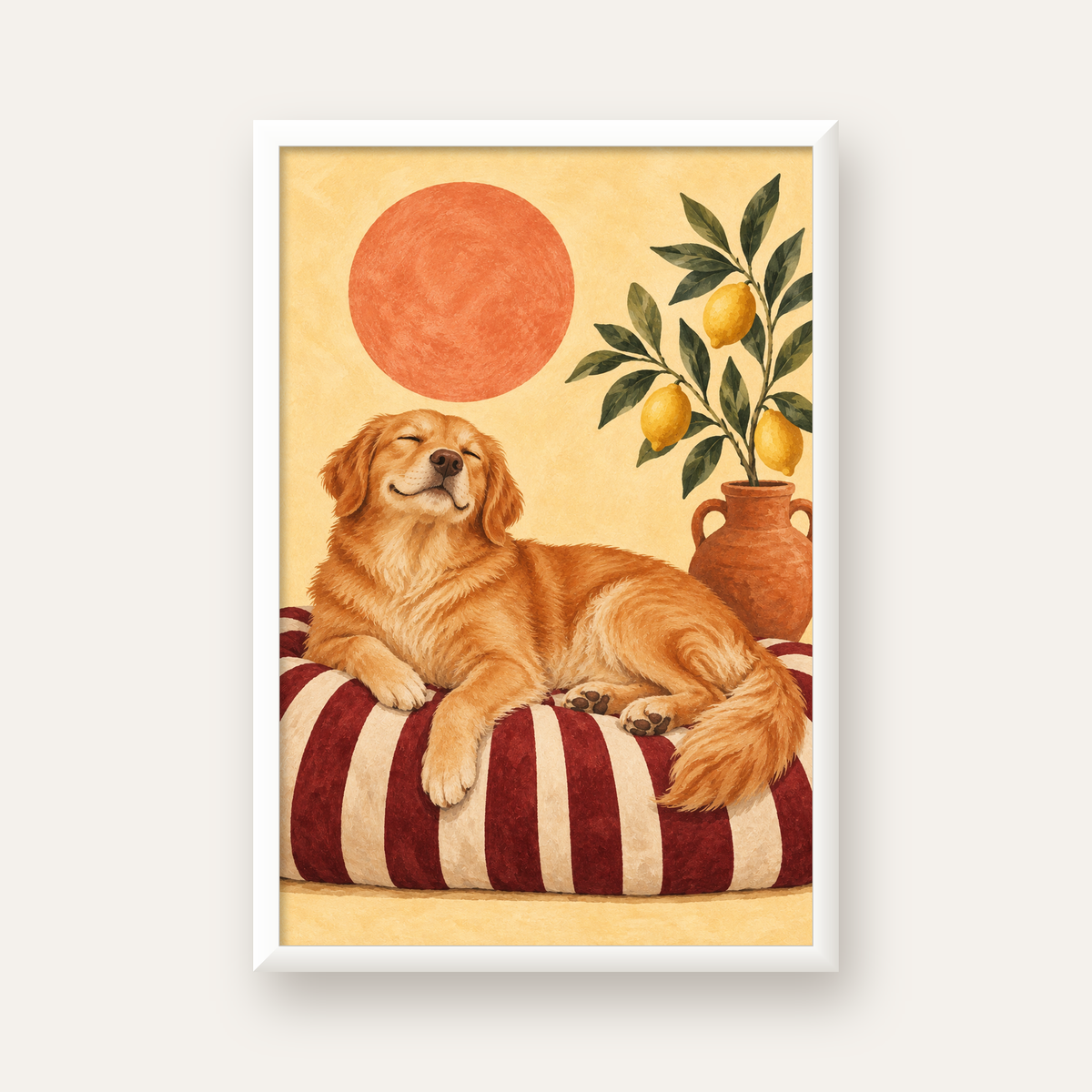 Mutlu Köpek & Limon Ağacı Poster – Dijital İllüstrasyon Baskı — beyaz çerçeveli dikey poster