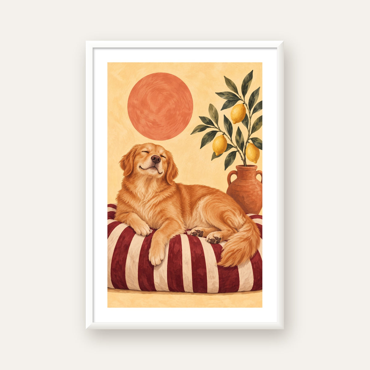 Mutlu Köpek & Limon Ağacı Poster – Dijital İllüstrasyon Baskı — beyaz çerçeveli dikey poster