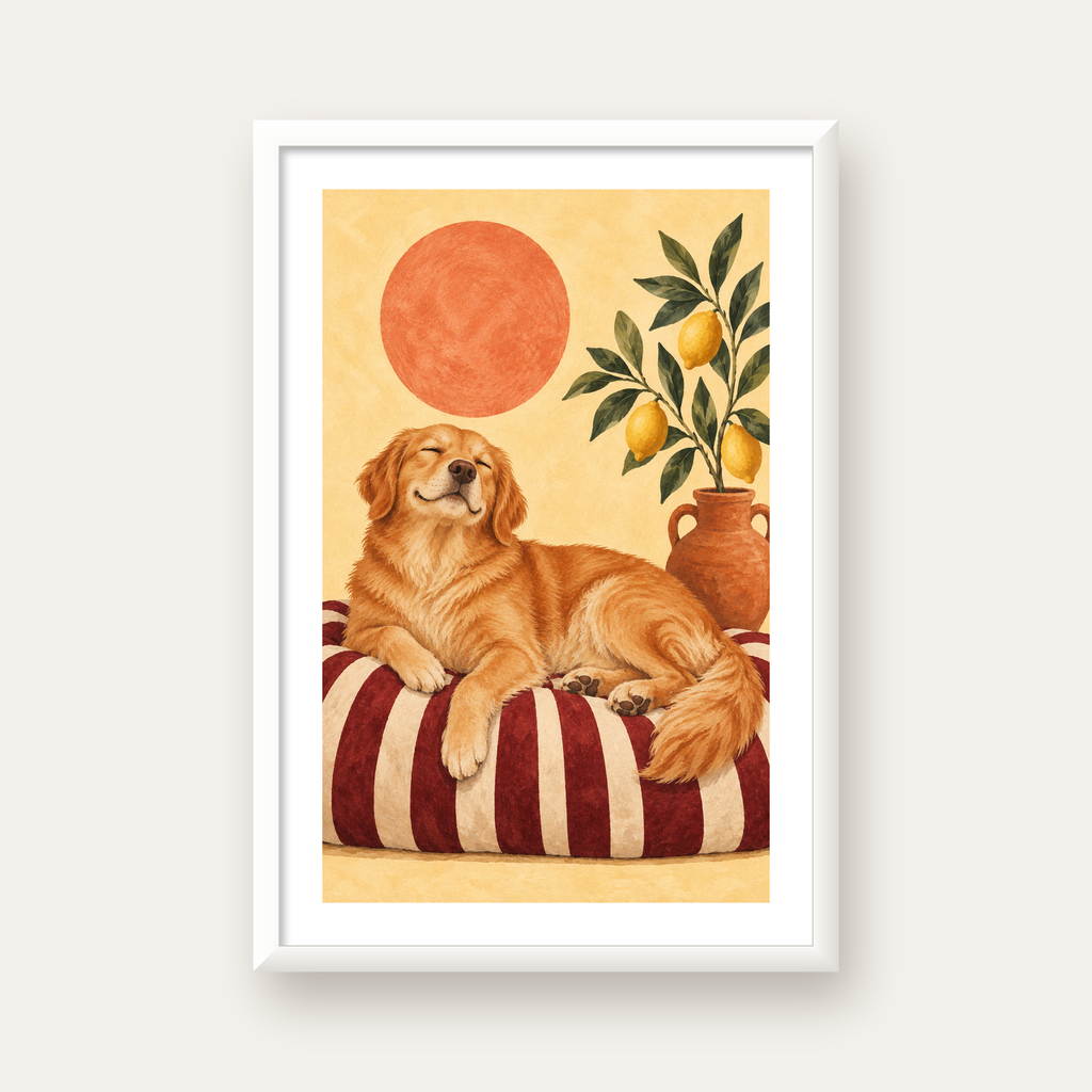 Mutlu Köpek & Limon Ağacı Poster – Dijital İllüstrasyon Baskı — beyaz çerçeveli dikey poster
