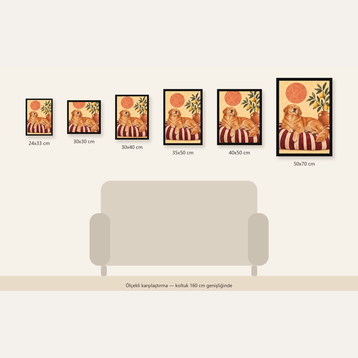Mutlu Köpek & Limon Ağacı Poster – Dijital İllüstrasyon Baskı — Dikey ölçülerinin karşılaştırması