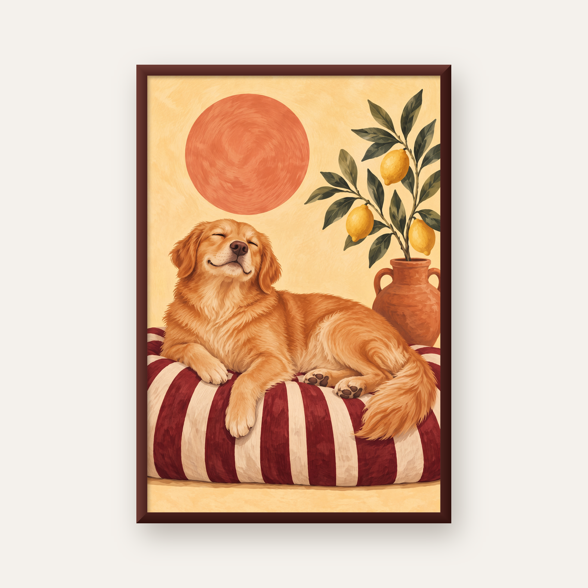 Mutlu Köpek & Limon Ağacı Poster – Dijital İllüstrasyon Baskı — ceviz çerçeveli