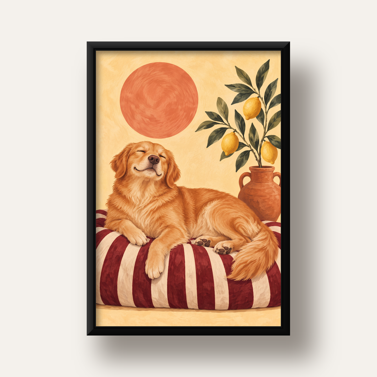 Mutlu Köpek & Limon Ağacı Poster – Dijital İllüstrasyon Baskı — siyah derin çerçeveli