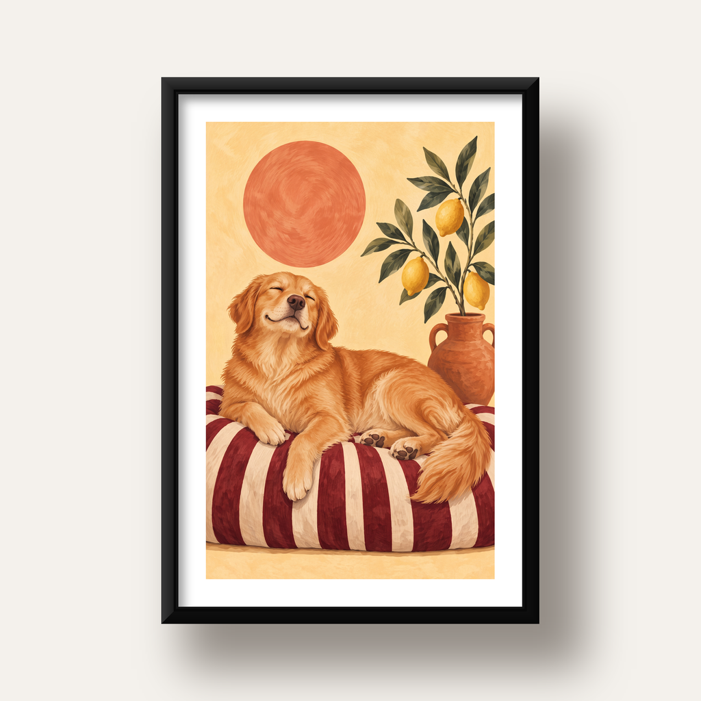 Mutlu Köpek & Limon Ağacı Poster – Dijital İllüstrasyon Baskı — siyah derin çerçeveli paspartulu