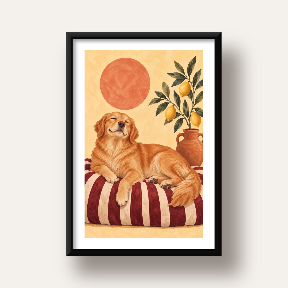 Mutlu Köpek & Limon Ağacı Poster – Dijital İllüstrasyon Baskı — siyah derin çerçeveli paspartulu