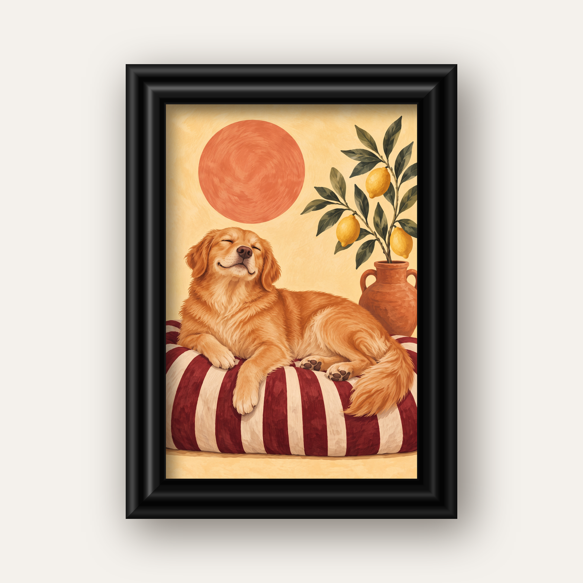 Mutlu Köpek & Limon Ağacı Poster – Dijital İllüstrasyon Baskı — siyah galeri çerçeveli