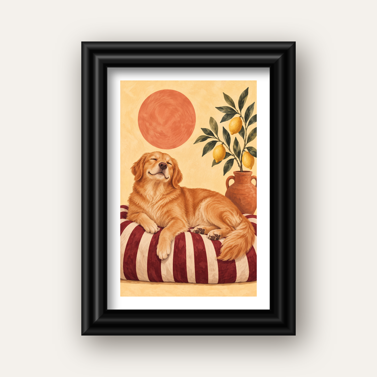 Mutlu Köpek & Limon Ağacı Poster – Dijital İllüstrasyon Baskı — siyah galeri çerçeveli paspartulu