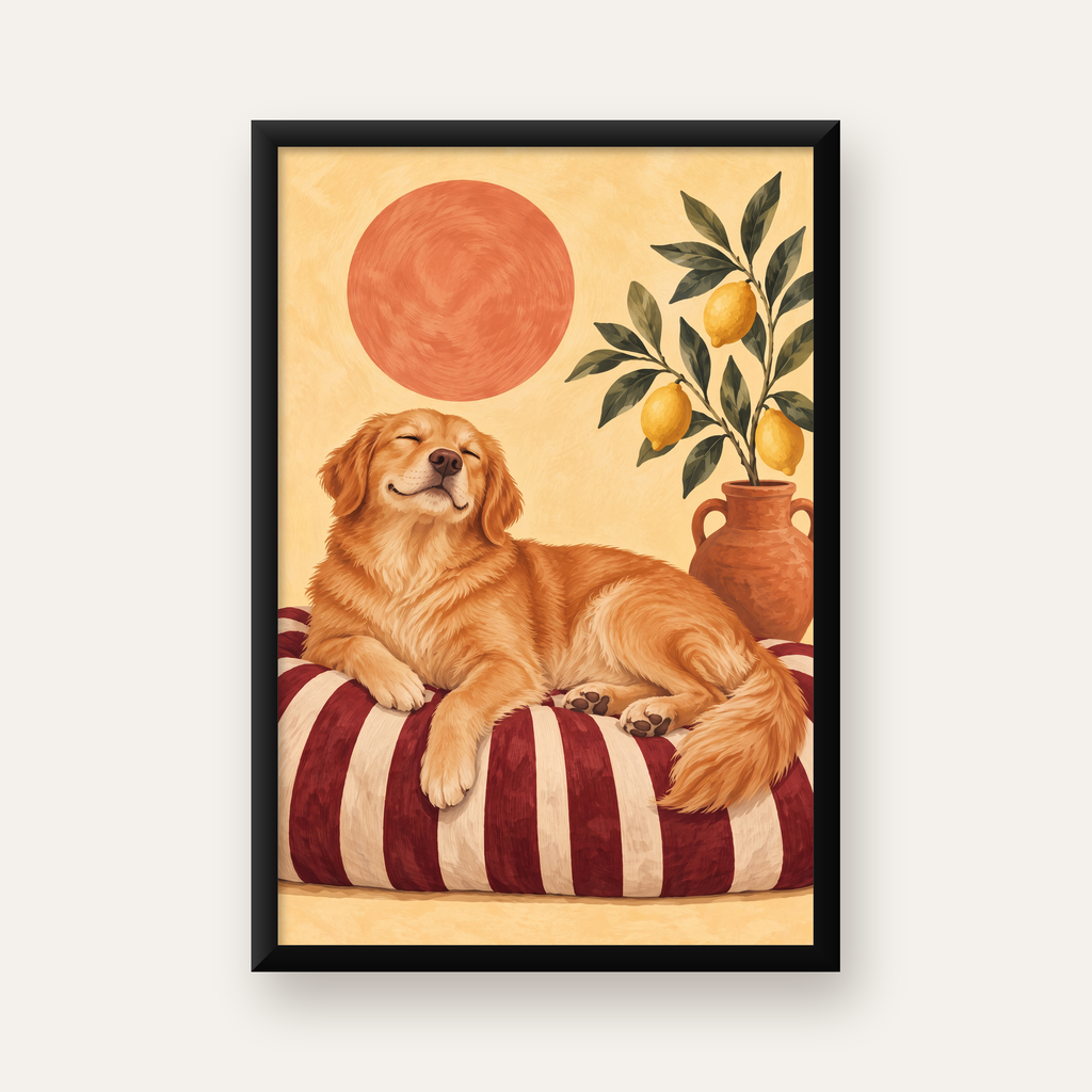 Mutlu Köpek & Limon Ağacı Poster – Dijital İllüstrasyon Baskı — Dikey baskı, düz siyah çerçeveli duvar posteri