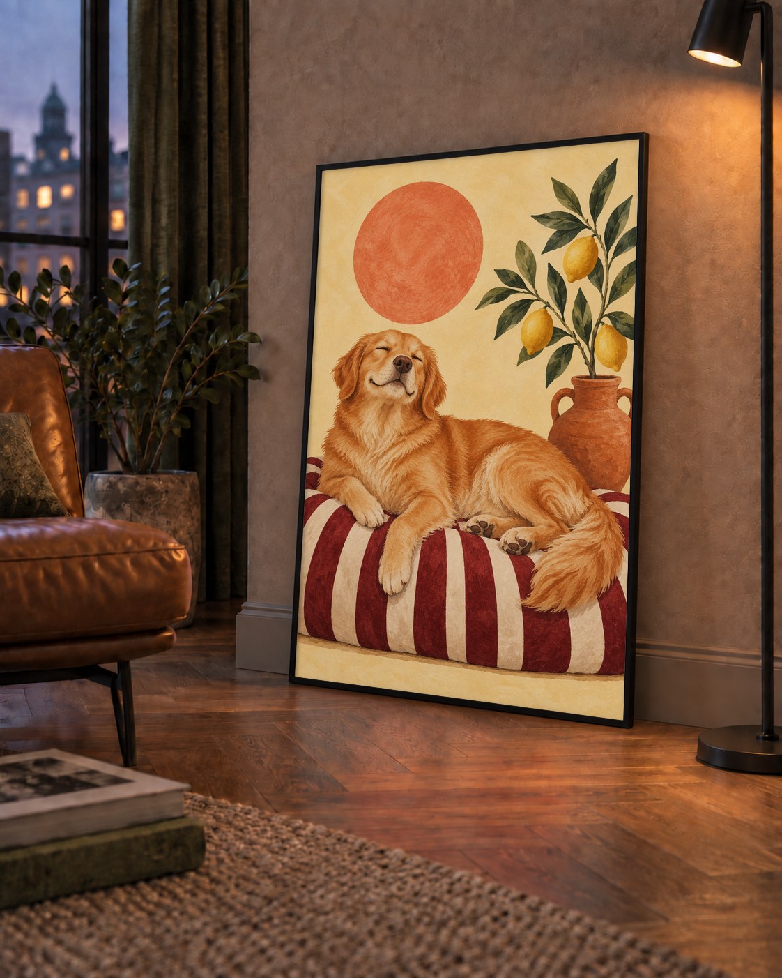 Mutlu Köpek & Limon Ağacı Poster – Dijital İllüstrasyon Baskı — çerçeveli hâliyle bir ev duvarında