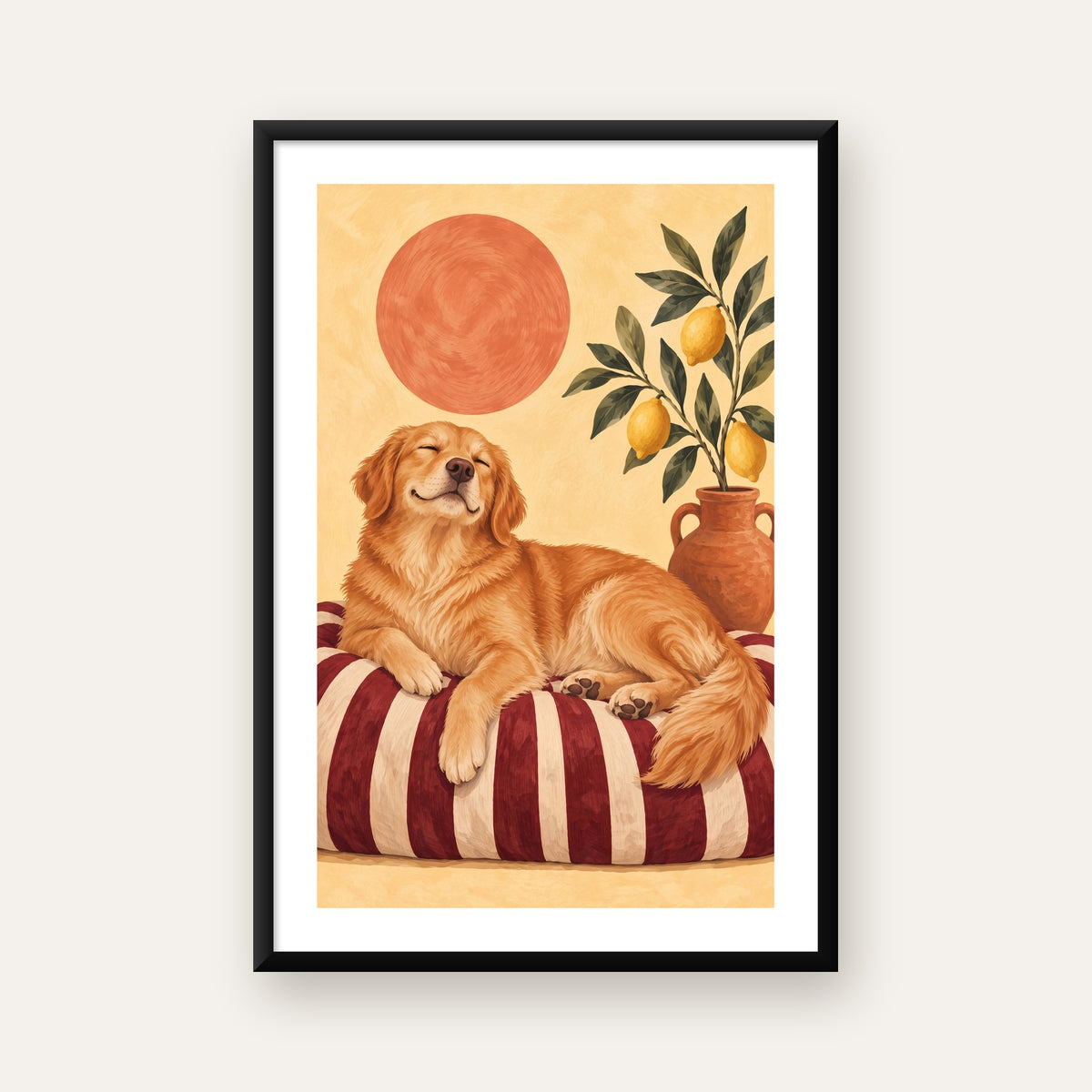 Mutlu Köpek & Limon Ağacı Poster – Dijital İllüstrasyon Baskı — Dikey baskı, beyaz paspartulu