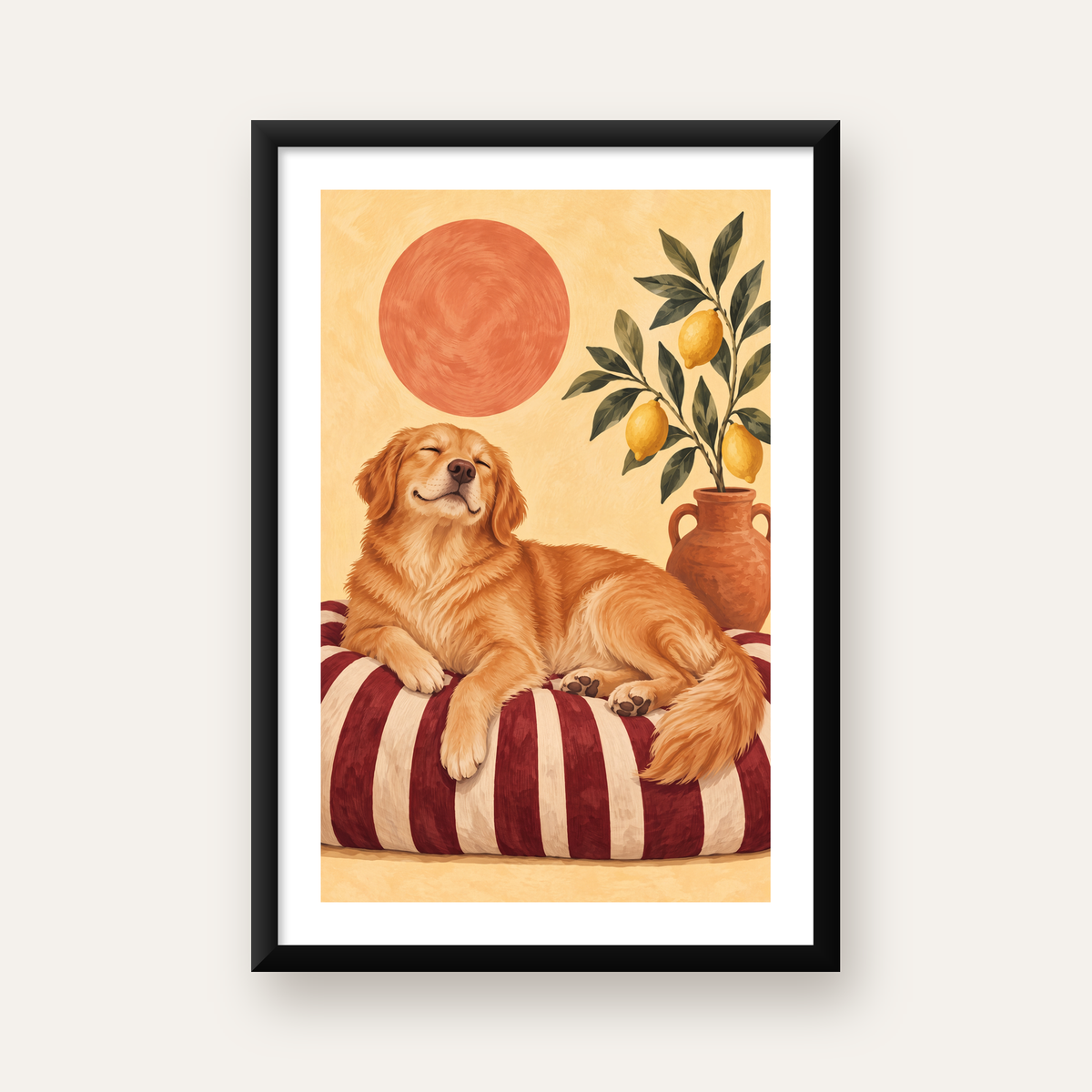 Mutlu Köpek & Limon Ağacı Poster – Dijital İllüstrasyon Baskı — Dikey baskı, beyaz paspartulu