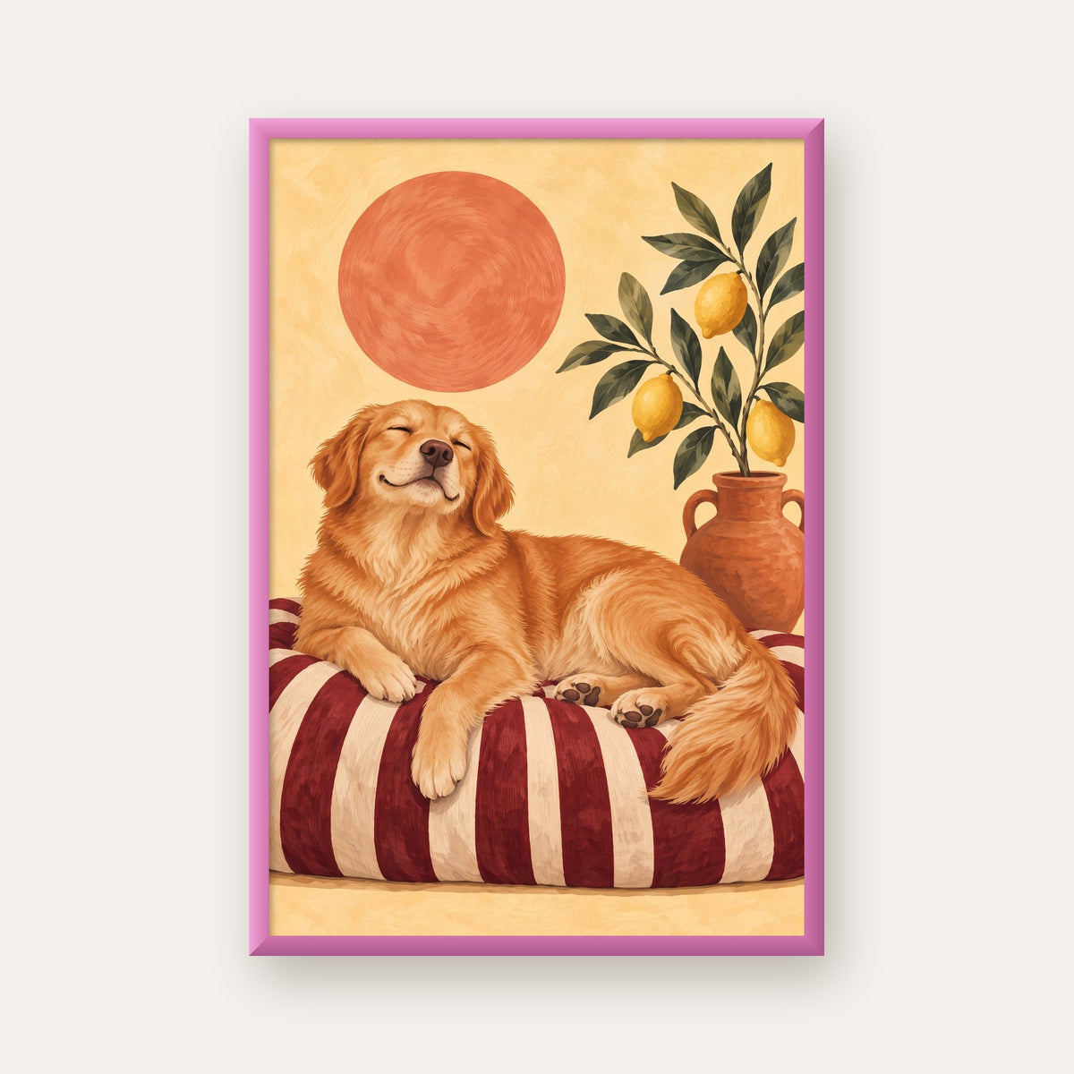 Mutlu Köpek & Limon Ağacı Poster – Dijital İllüstrasyon Baskı — pembe çerçeveli