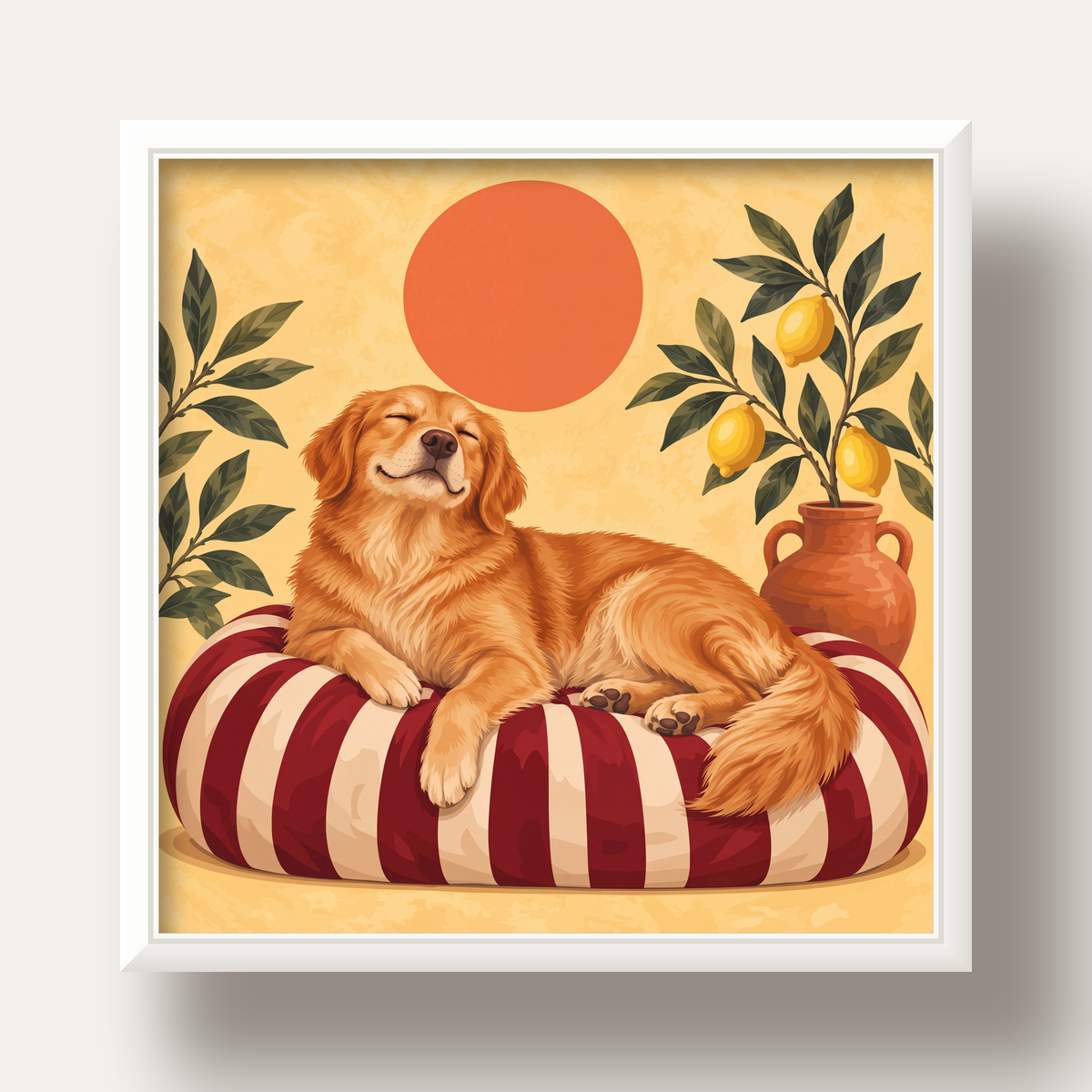 Mutlu Köpek & Limon Ağacı Poster – Dijital İllüstrasyon Baskı — beyaz derin çerçeveli