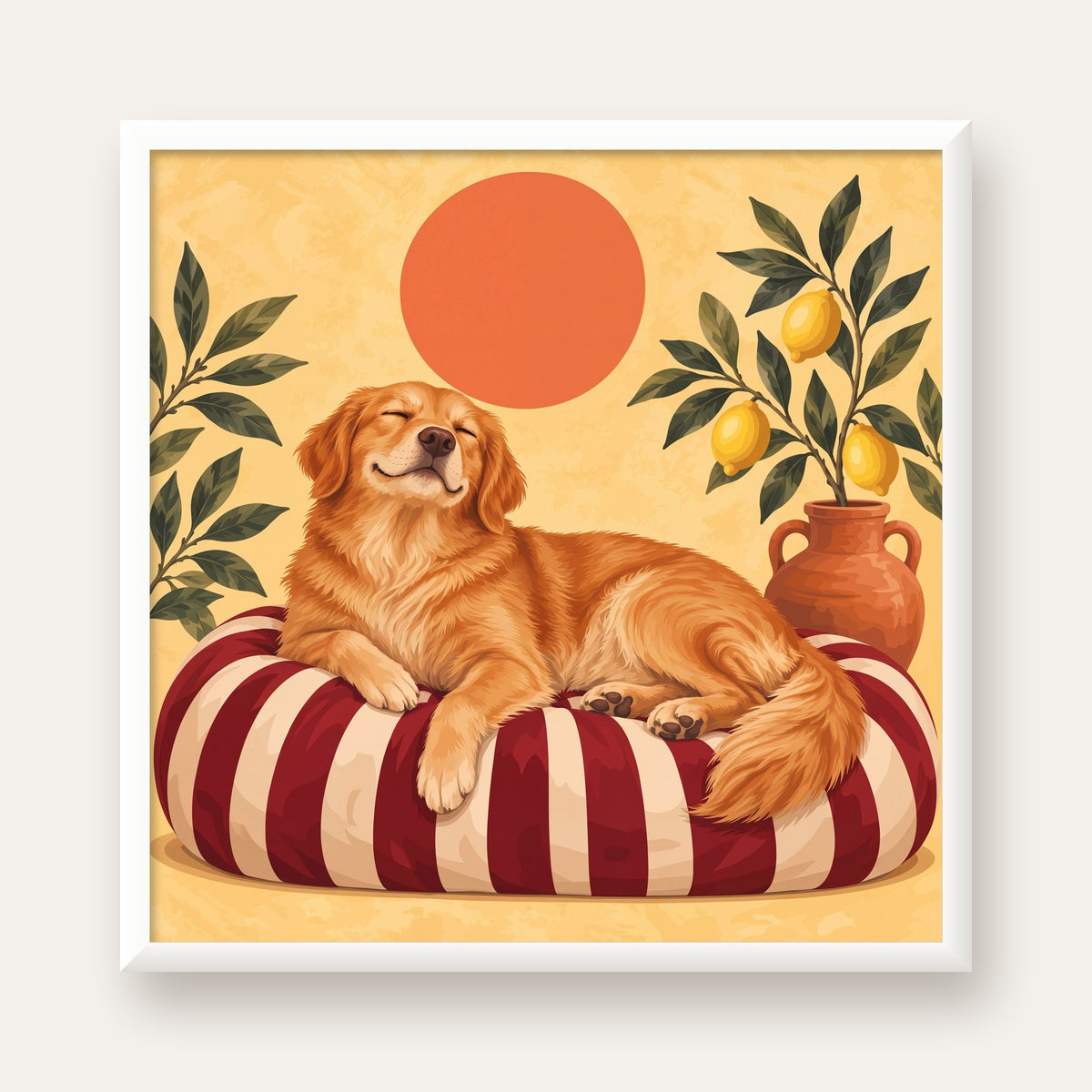 Mutlu Köpek & Limon Ağacı Poster – Dijital İllüstrasyon Baskı — beyaz çerçeveli kare poster