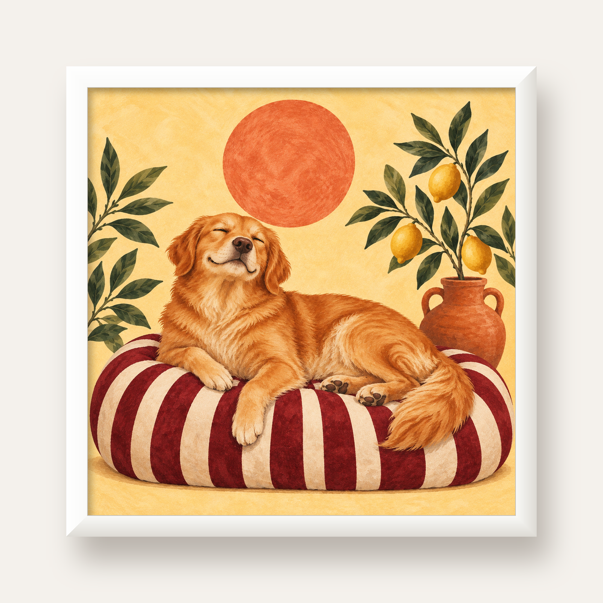 Mutlu Köpek & Limon Ağacı Poster – Dijital İllüstrasyon Baskı — beyaz çerçeveli kare poster