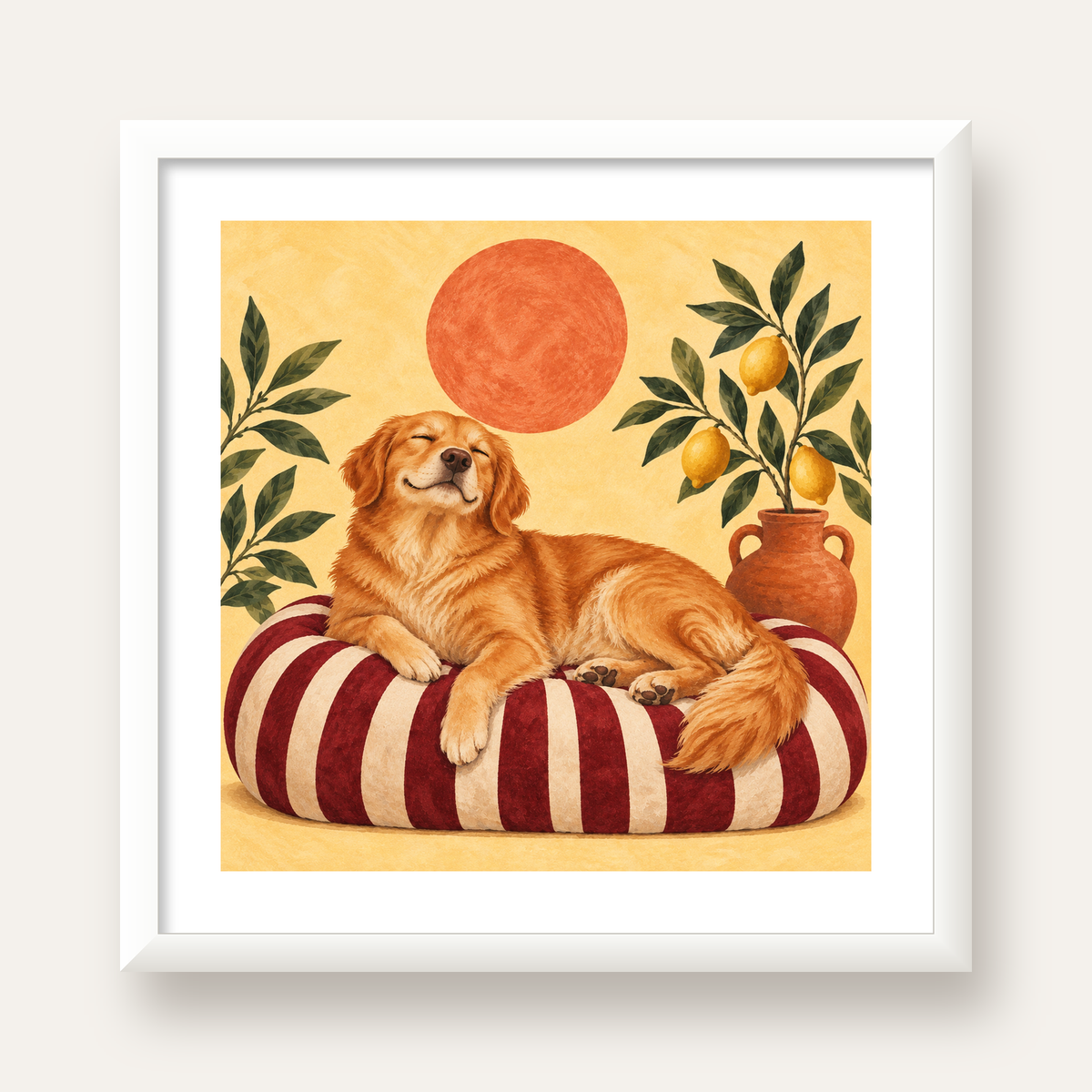 Mutlu Köpek & Limon Ağacı Poster – Dijital İllüstrasyon Baskı — beyaz çerçeveli kare poster