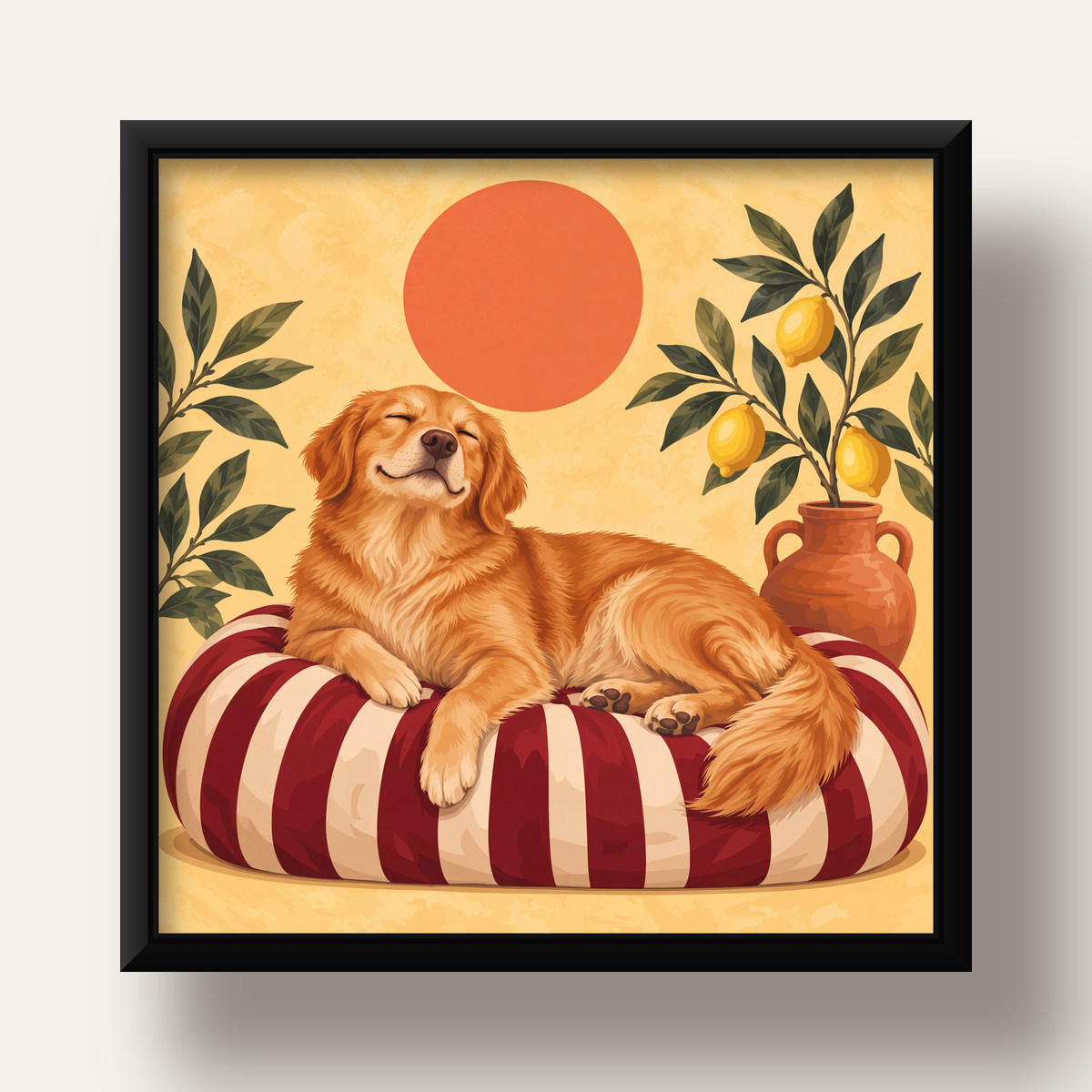 Mutlu Köpek & Limon Ağacı Poster – Dijital İllüstrasyon Baskı — siyah derin çerçeveli