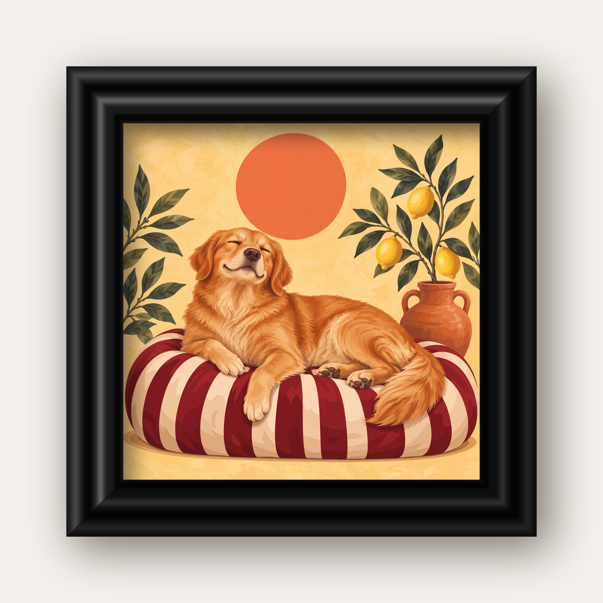 Mutlu Köpek & Limon Ağacı Poster – Dijital İllüstrasyon Baskı — siyah galeri çerçeveli
