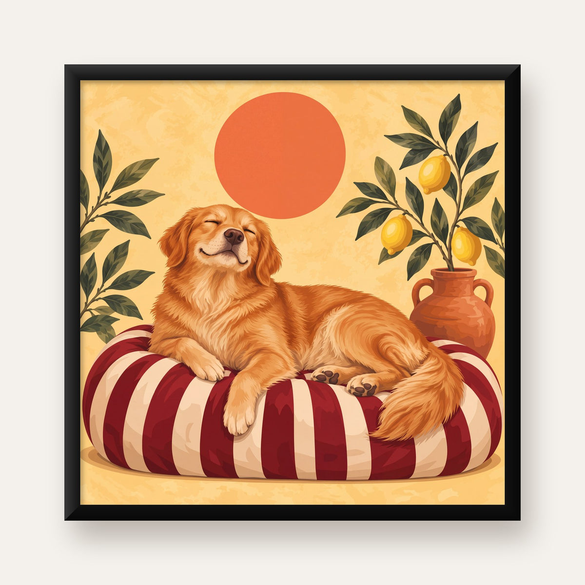 Mutlu Köpek & Limon Ağacı Poster – Dijital İllüstrasyon Baskı — Kare baskı, düz siyah çerçeveli duvar posteri