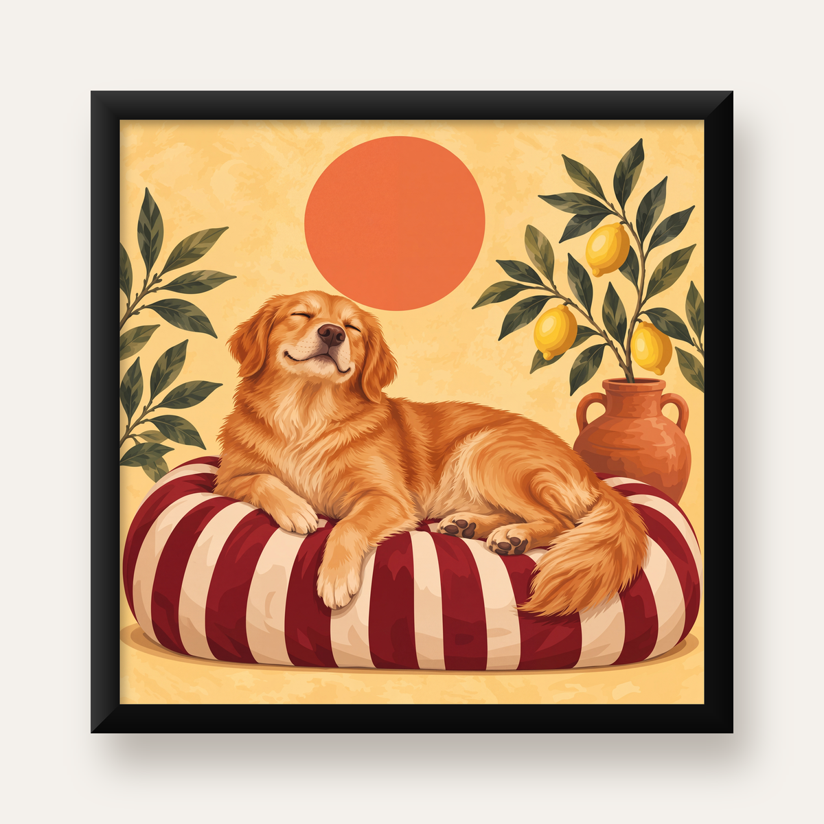 Mutlu Köpek & Limon Ağacı Poster – Dijital İllüstrasyon Baskı — Kare baskı, düz siyah çerçeveli duvar posteri