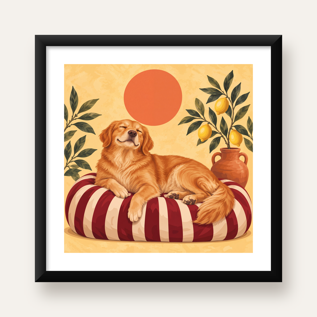 Mutlu Köpek & Limon Ağacı Poster – Dijital İllüstrasyon Baskı — Kare baskı, beyaz paspartulu