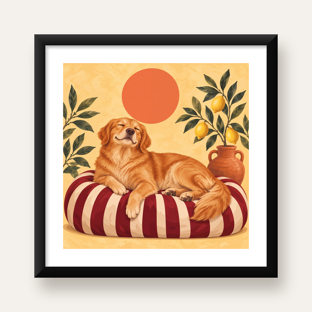 Mutlu Köpek & Limon Ağacı Poster – Dijital İllüstrasyon Baskı — Kare baskı, beyaz paspartulu