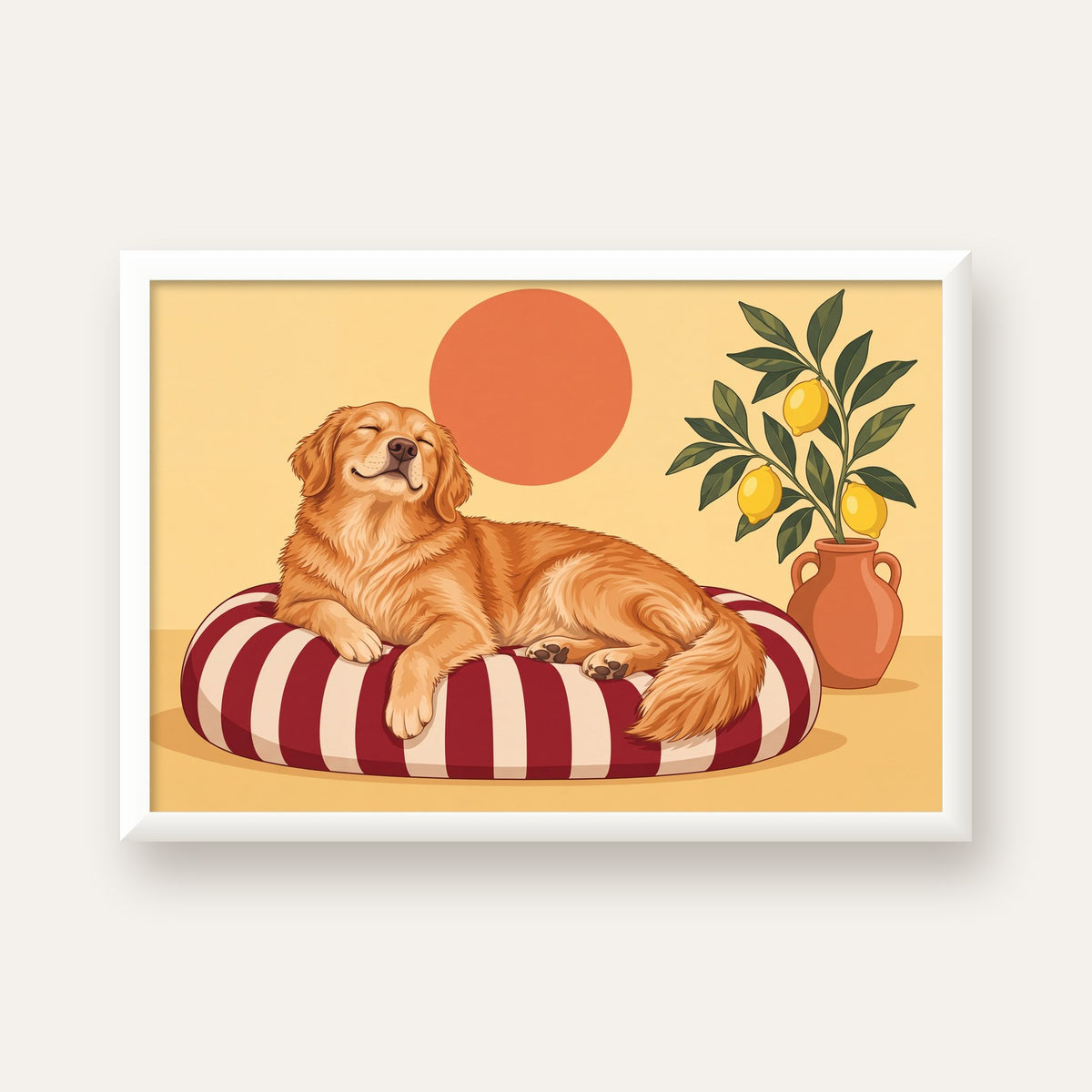 Mutlu Köpek & Limon Ağacı Poster – Dijital İllüstrasyon Baskı — beyaz çerçeveli yatay poster