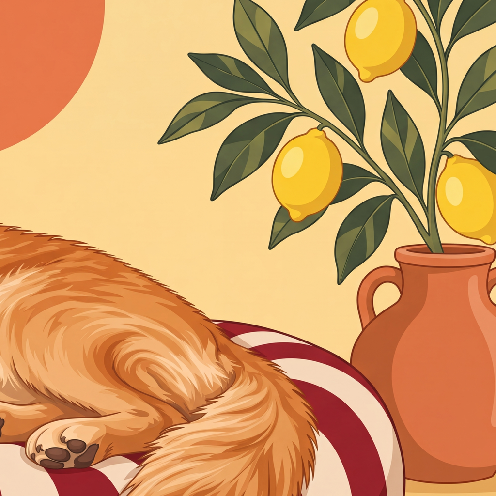 Mutlu Köpek & Limon Ağacı Poster – Dijital İllüstrasyon Baskı — baskının yakın çekimi, kâğıt dokusu ve renk detayı