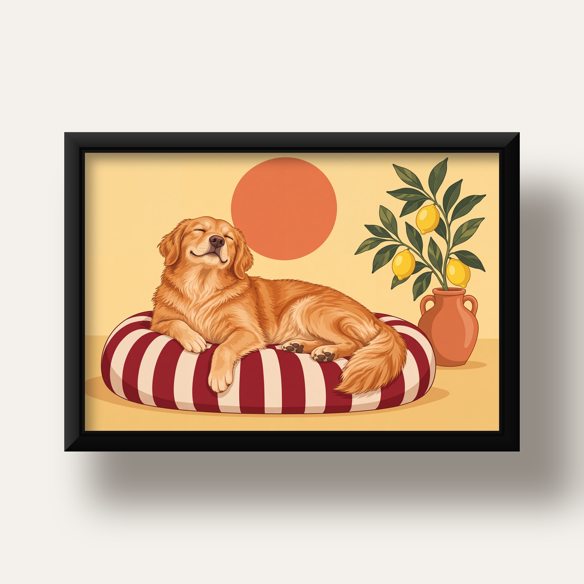 Mutlu Köpek & Limon Ağacı Poster – Dijital İllüstrasyon Baskı — siyah derin çerçeveli