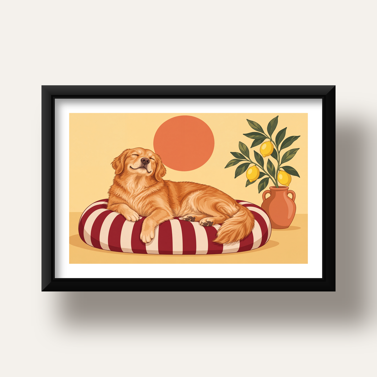 Mutlu Köpek & Limon Ağacı Poster – Dijital İllüstrasyon Baskı — siyah derin çerçeveli paspartulu
