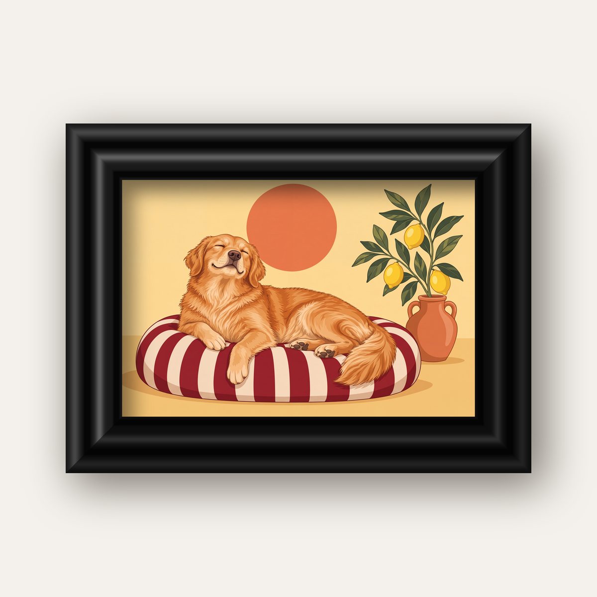 Mutlu Köpek & Limon Ağacı Poster – Dijital İllüstrasyon Baskı — siyah galeri çerçeveli