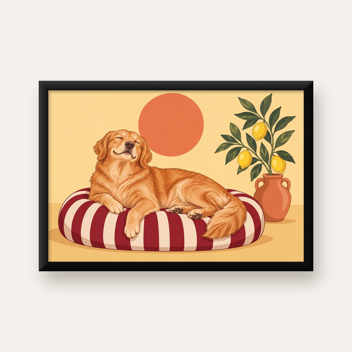 Mutlu Köpek & Limon Ağacı Poster – Dijital İllüstrasyon Baskı — Yatay baskı, düz siyah çerçeveli duvar posteri